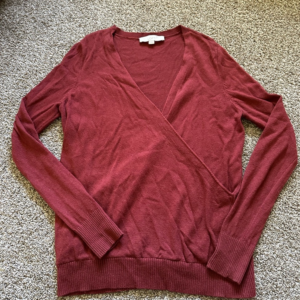 LOFT Burgundy chenille faux wrap sweater